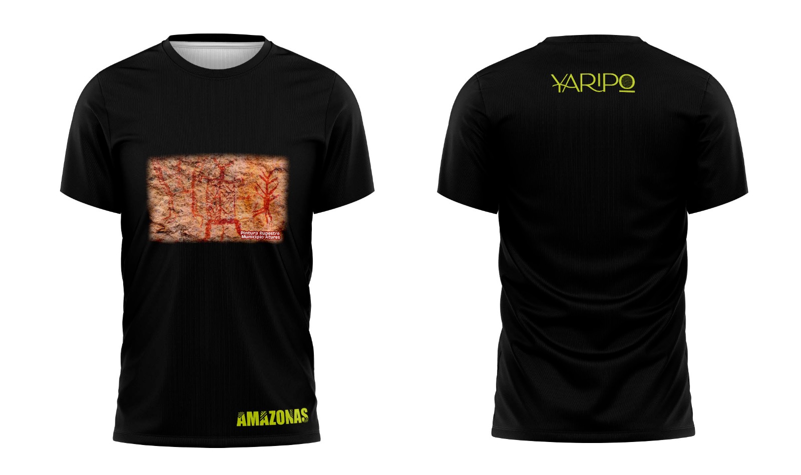 Camiseta negra YARIPÓ con diseño de pintura rupestre