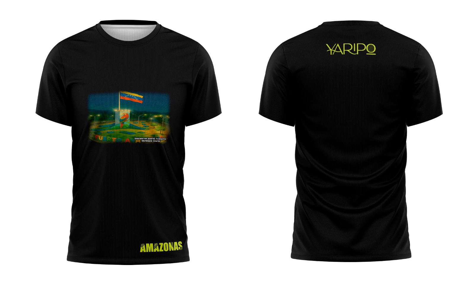 Camiseta negra YARIPÓ con la entrada de Puerto Ayacucho