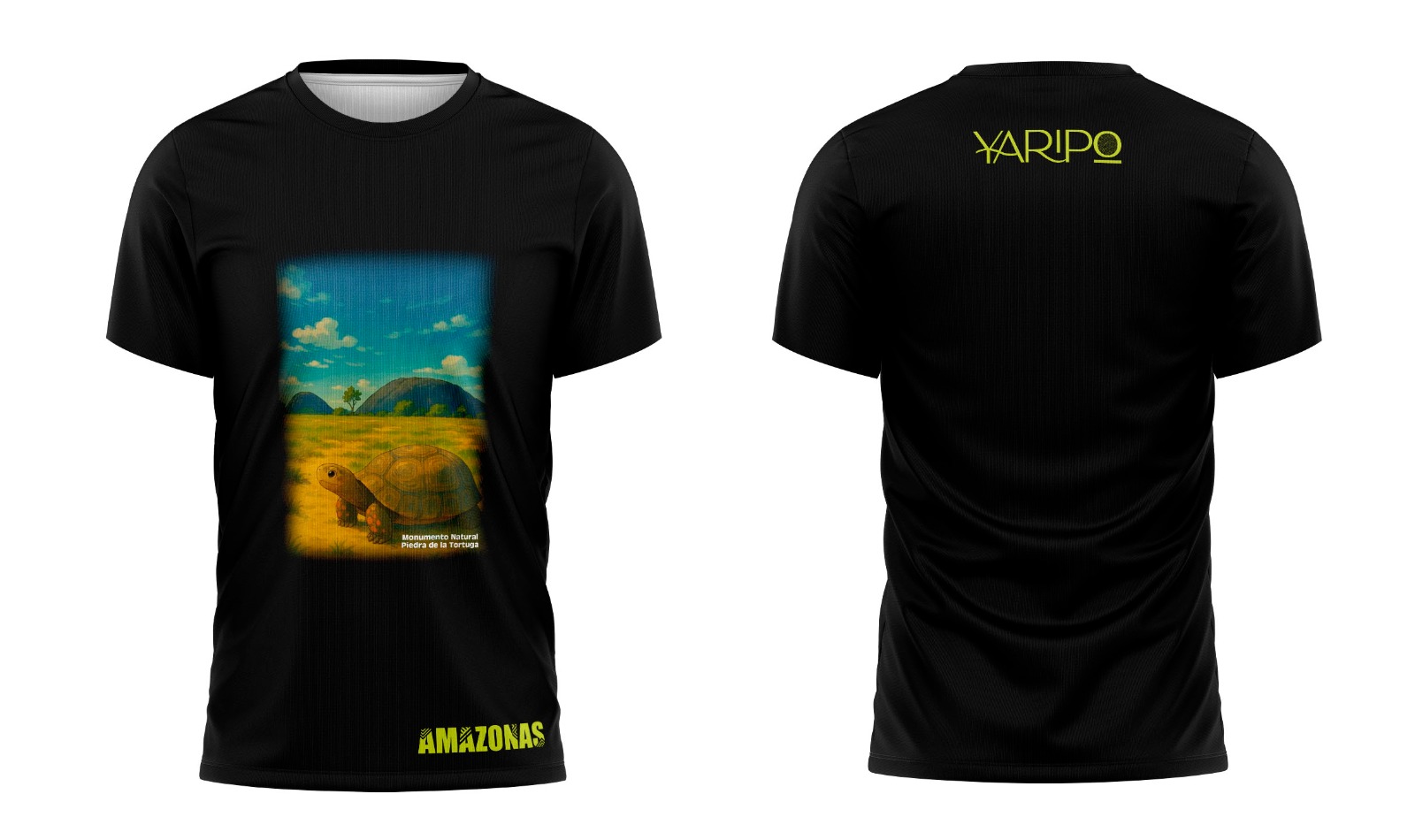 Camiseta negra YARIPÓ con ilustración de la Piedra de la Tortuga