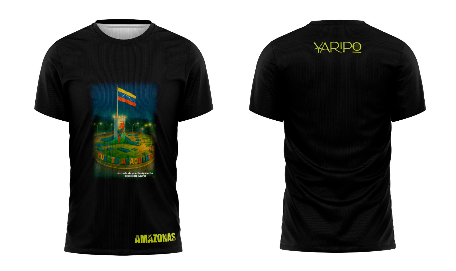 Camiseta negra YARIPÓ inspirada en Puerto Ayacucho