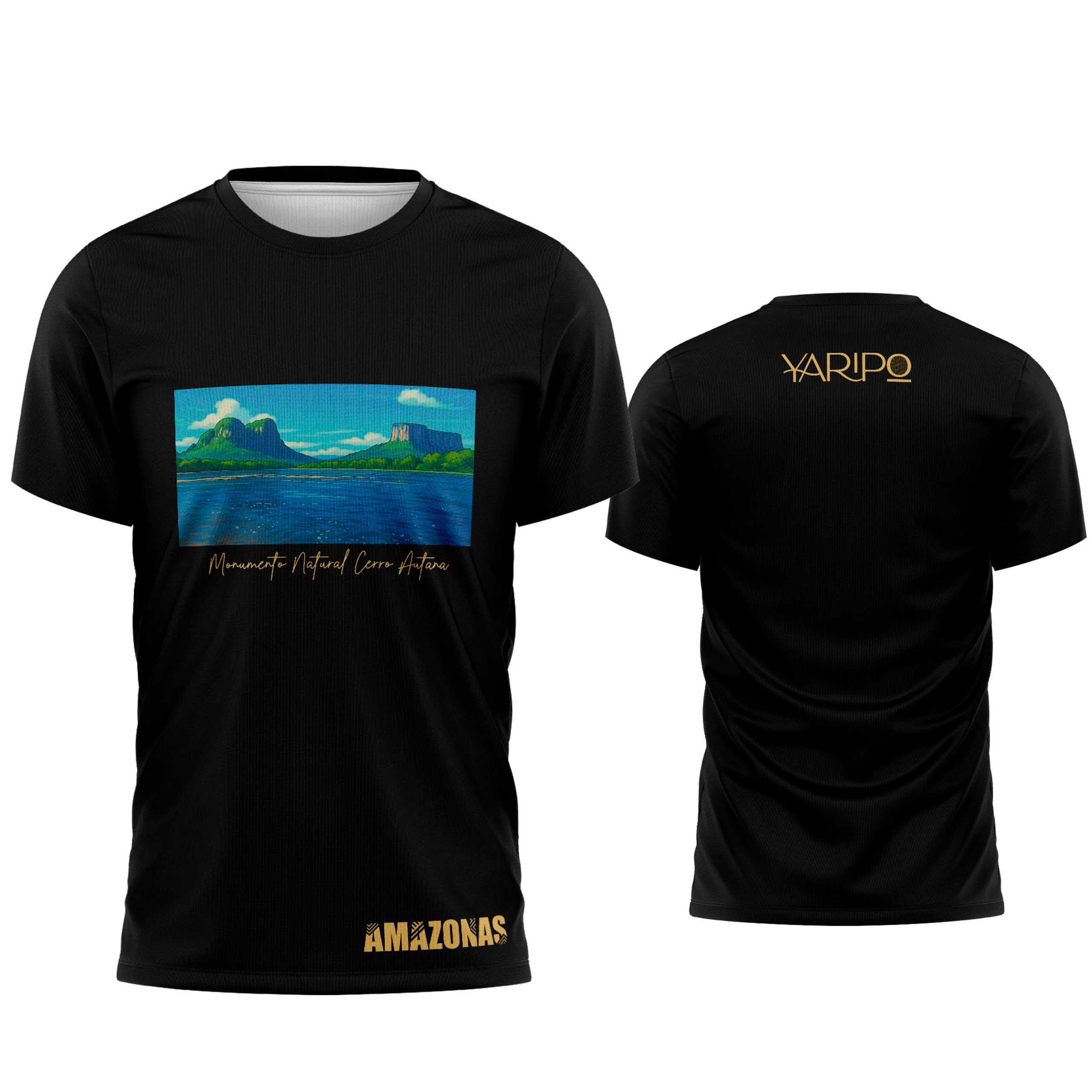 Camiseta negra YARIPÓ con ilustración del Cerro Autana