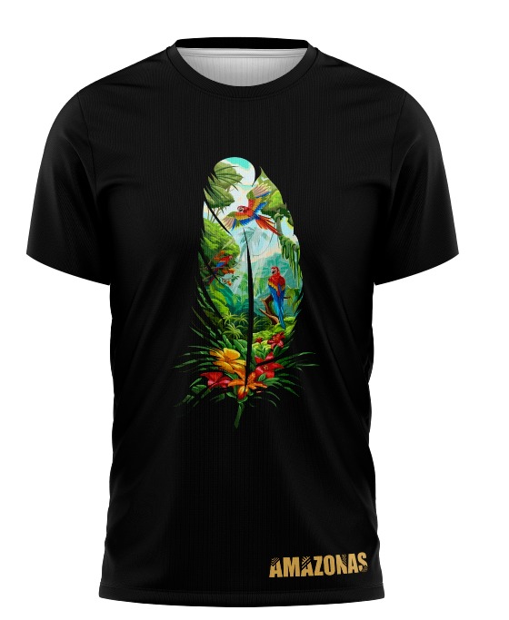 Camiseta negra YARIPÓ con pluma de paisaje amazónico