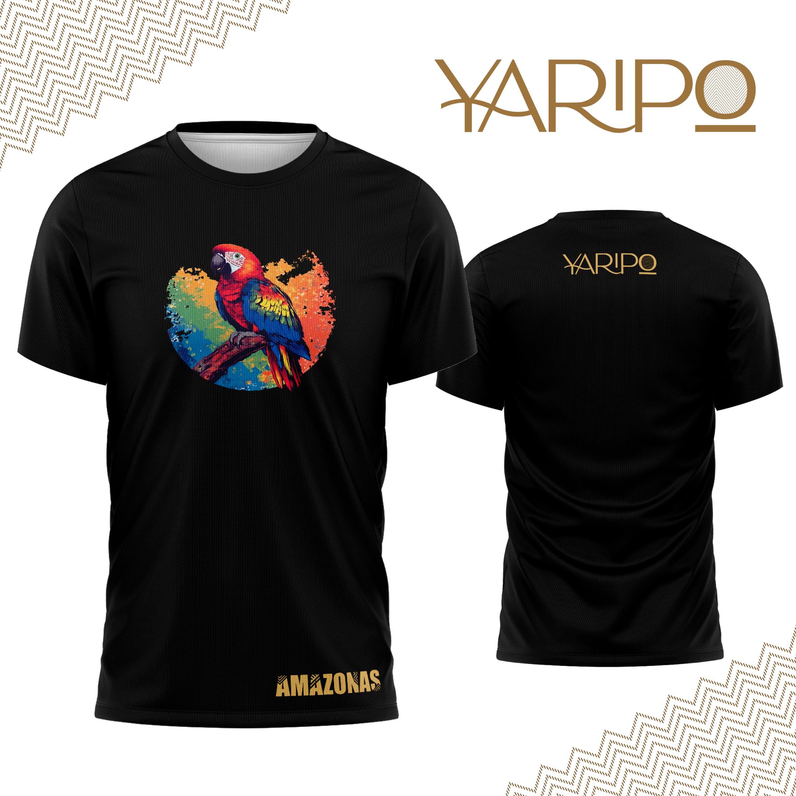 Camiseta negra YARIPÓ con una guacamaya colorida