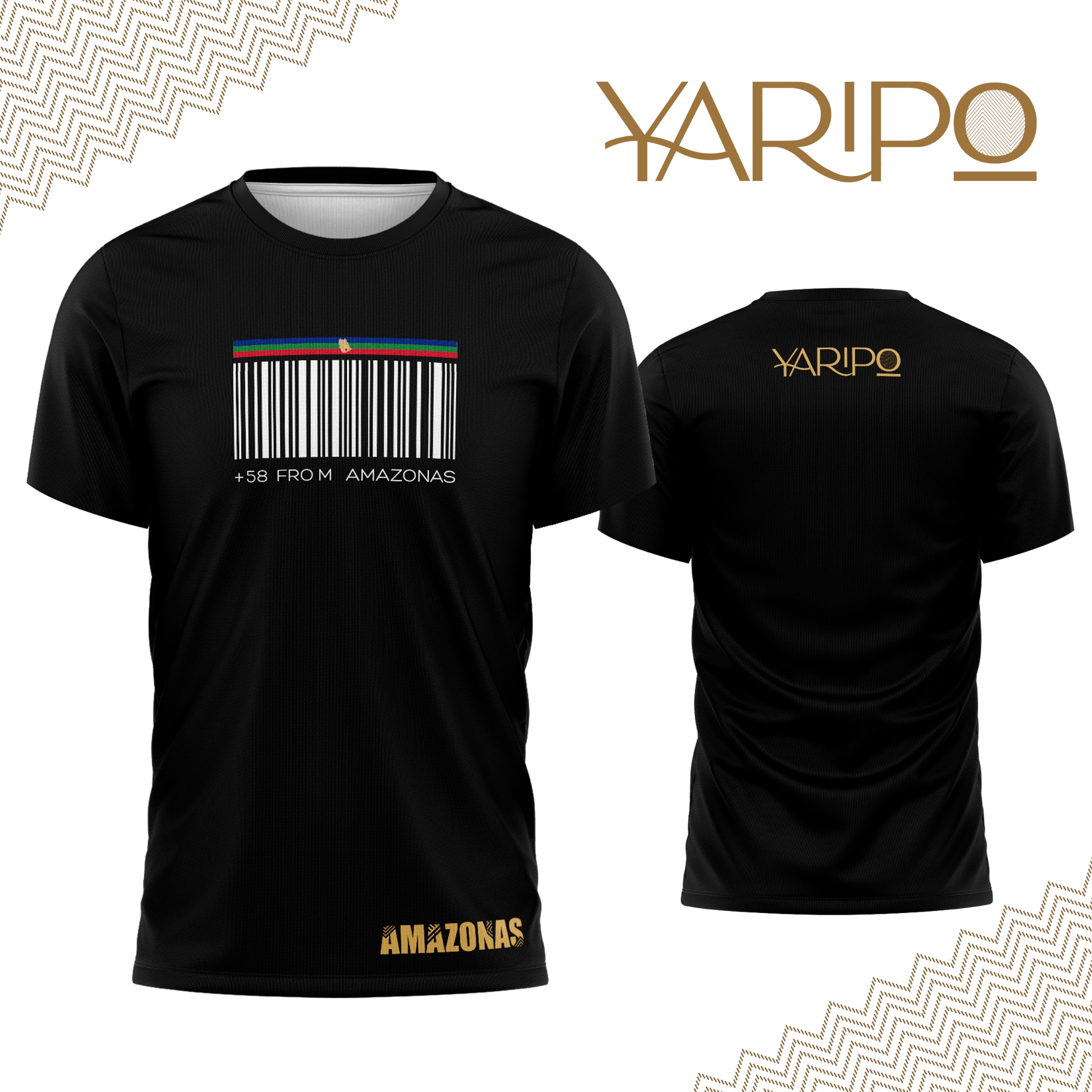 Camiseta negra YARIPÓ con código de barras y texto +58 from Amazonas