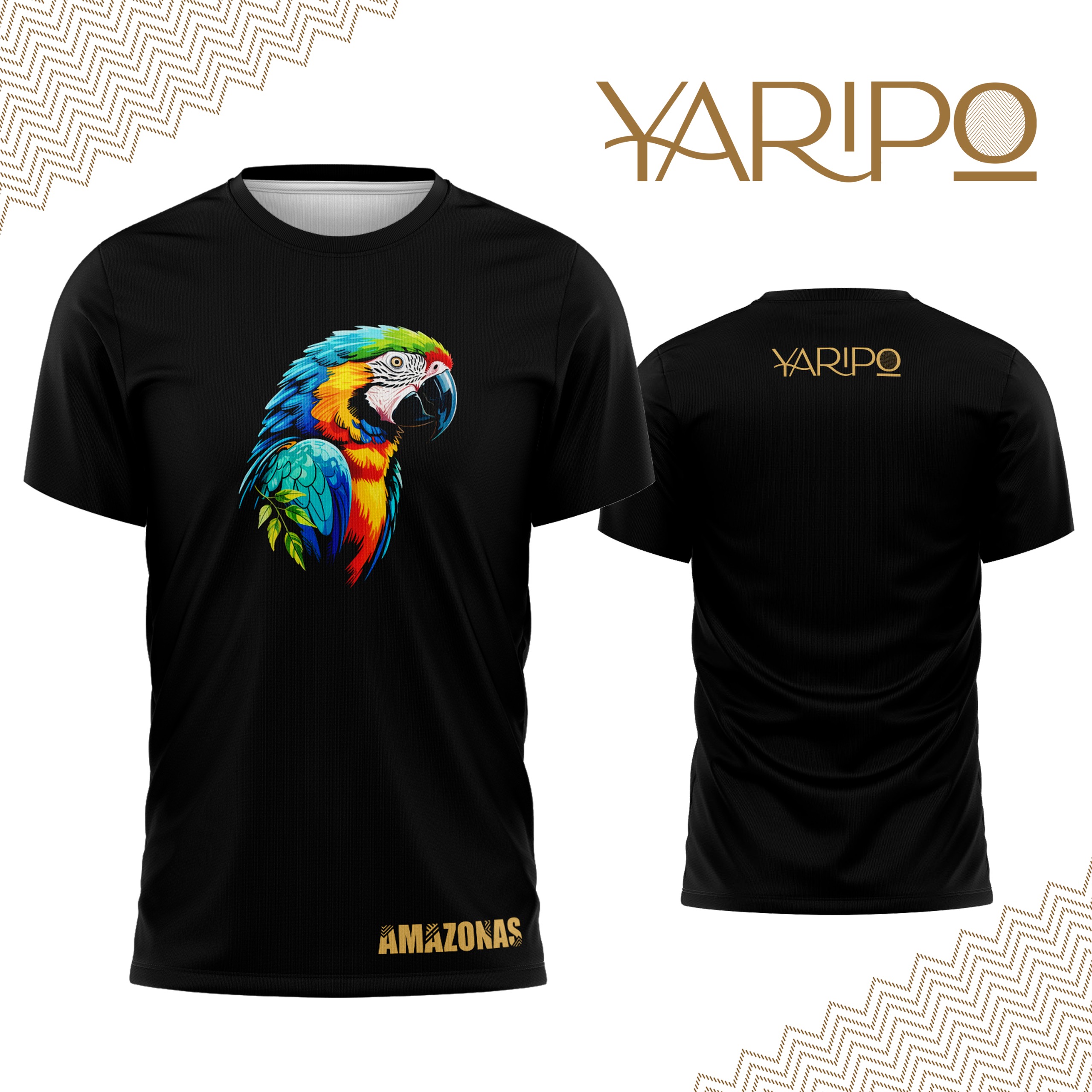 Camiseta negra YARIPÓ con ilustración colorida de guacamaya