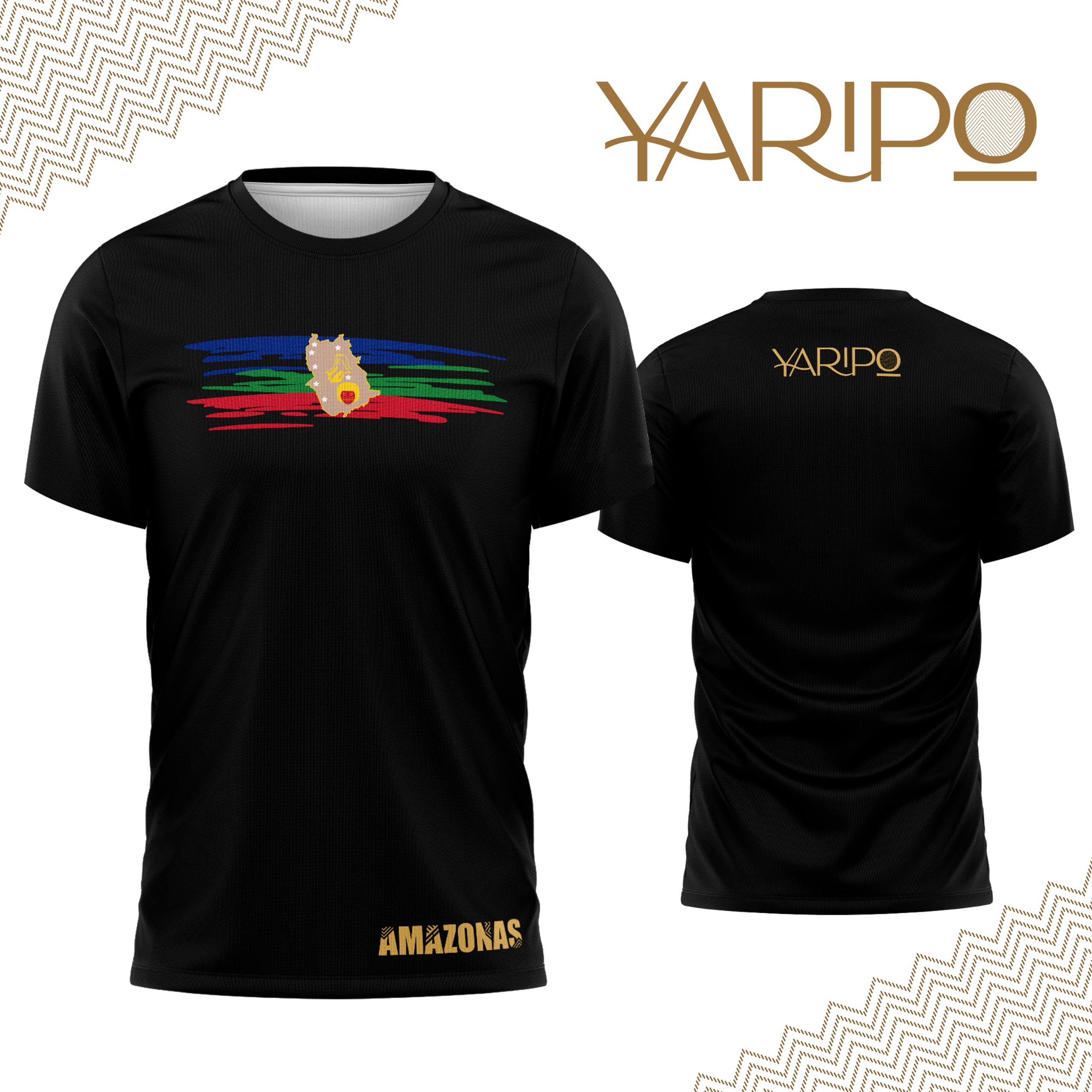 Camiseta negra YARIPÓ con líneas en los colores de Amazonas