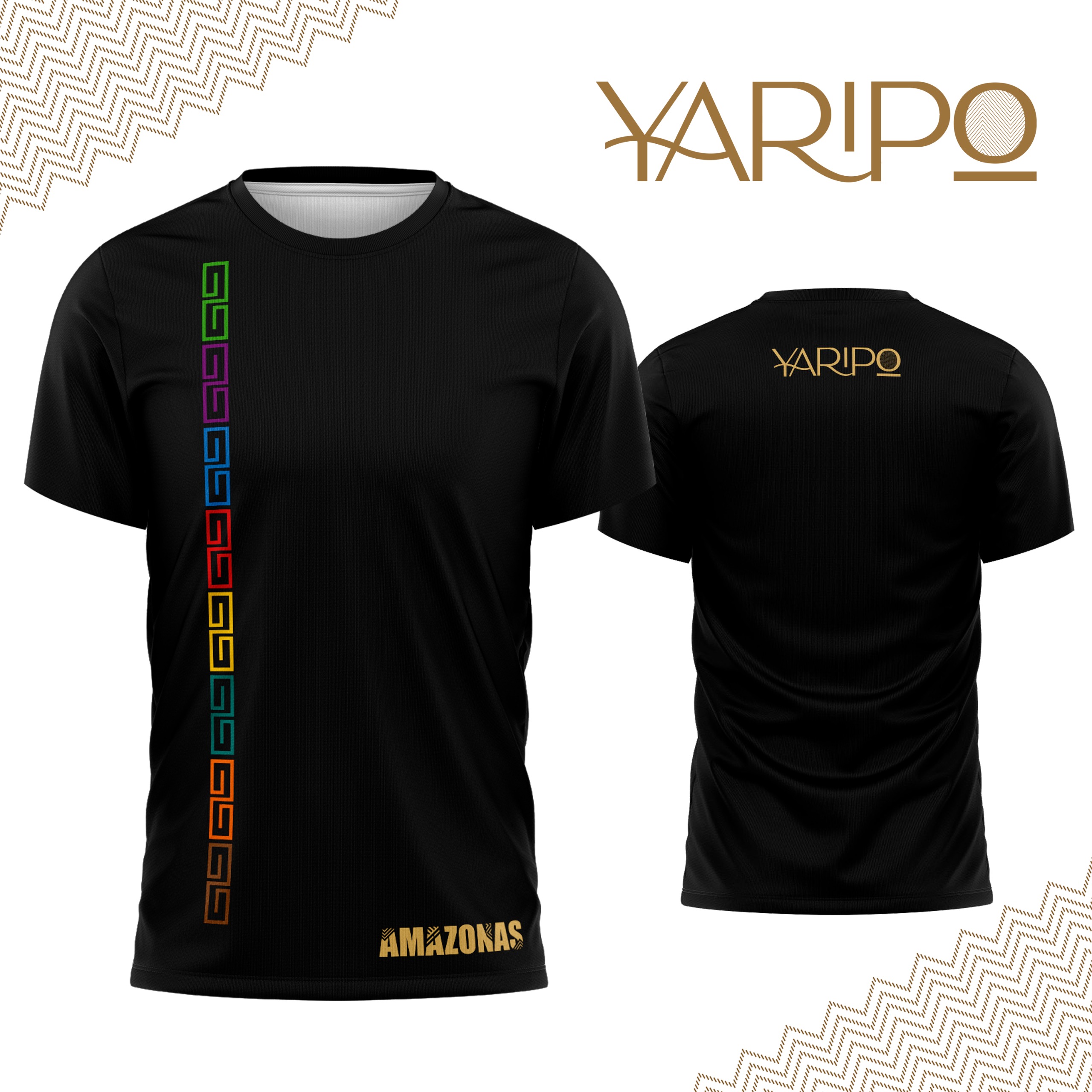 Camiseta negra YARIPÓ con patrón geométrico multicolor