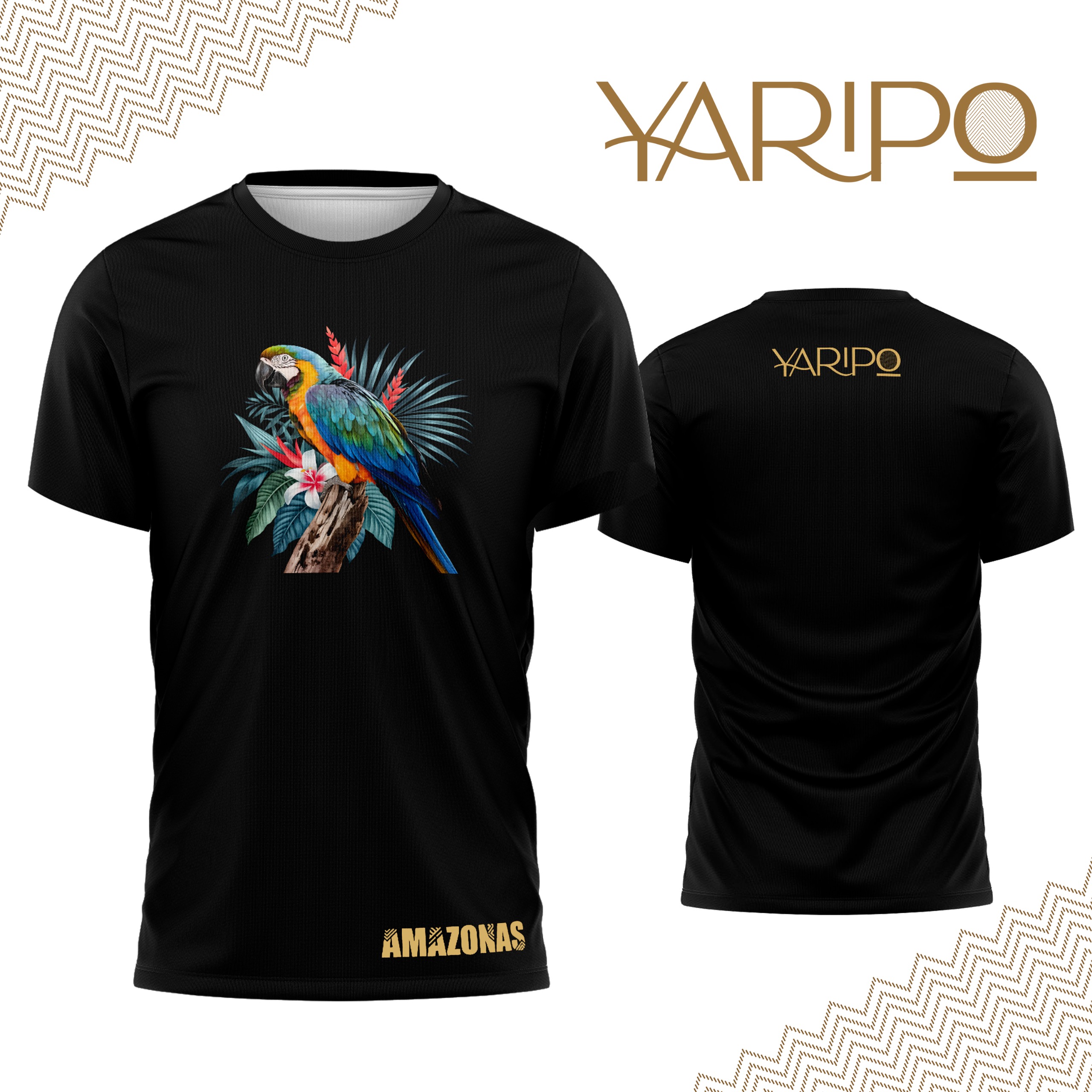 Camiseta negra YARIPÓ con guacamaya y flores tropicales