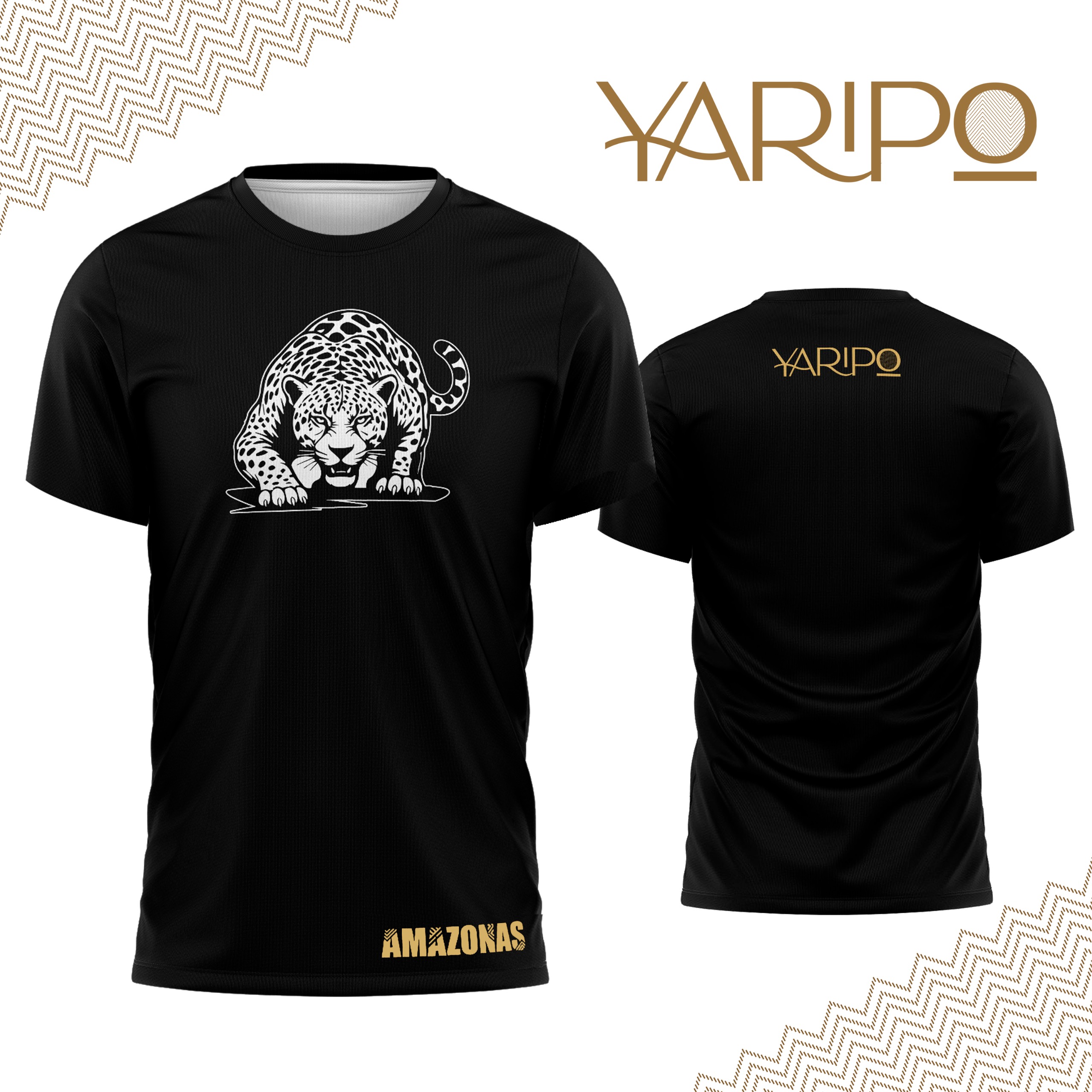 Camiseta negra YARIPÓ con ilustración lineal de jaguar