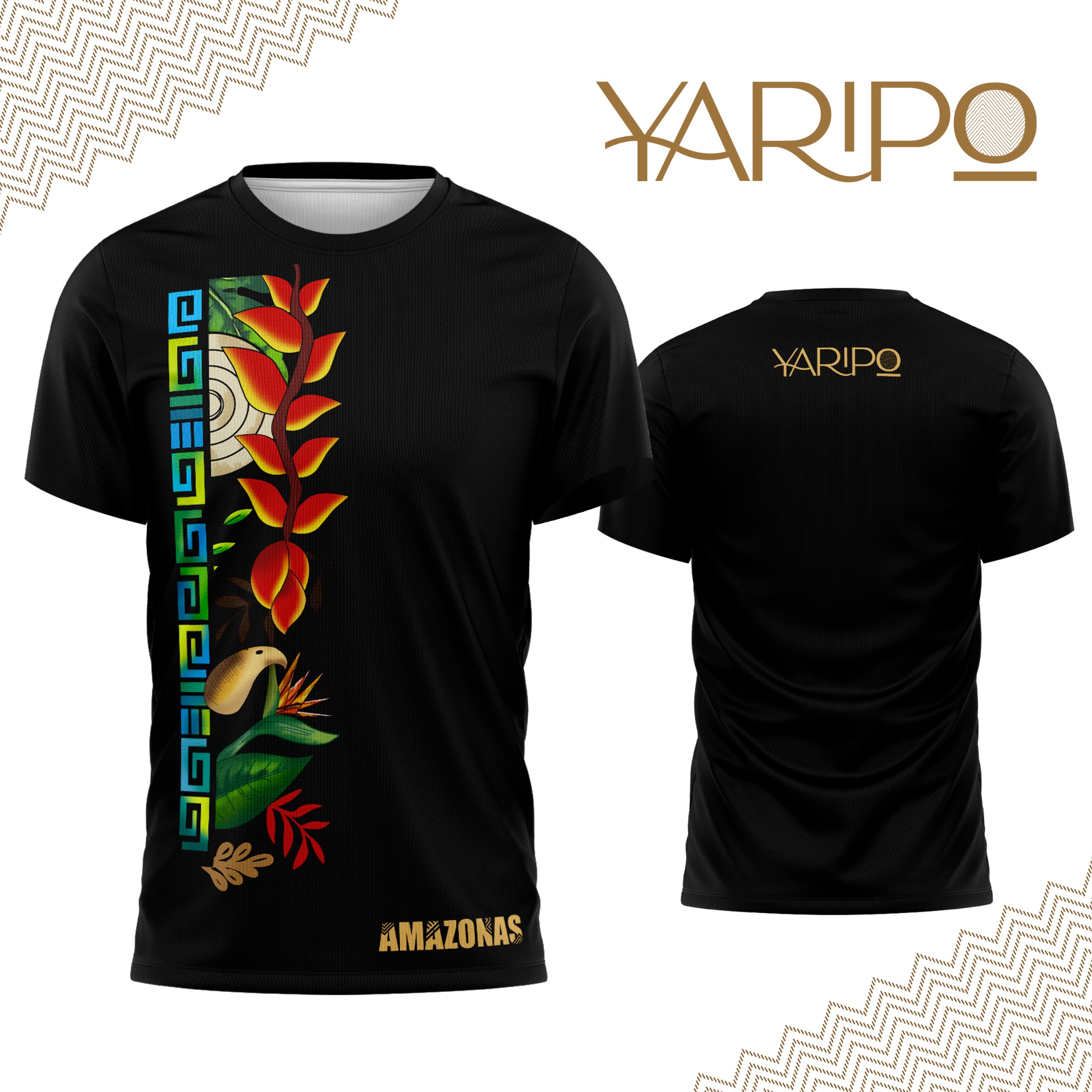 Camiseta negra YARIPÓ con composición vertical de flores y grafismos amazónicos