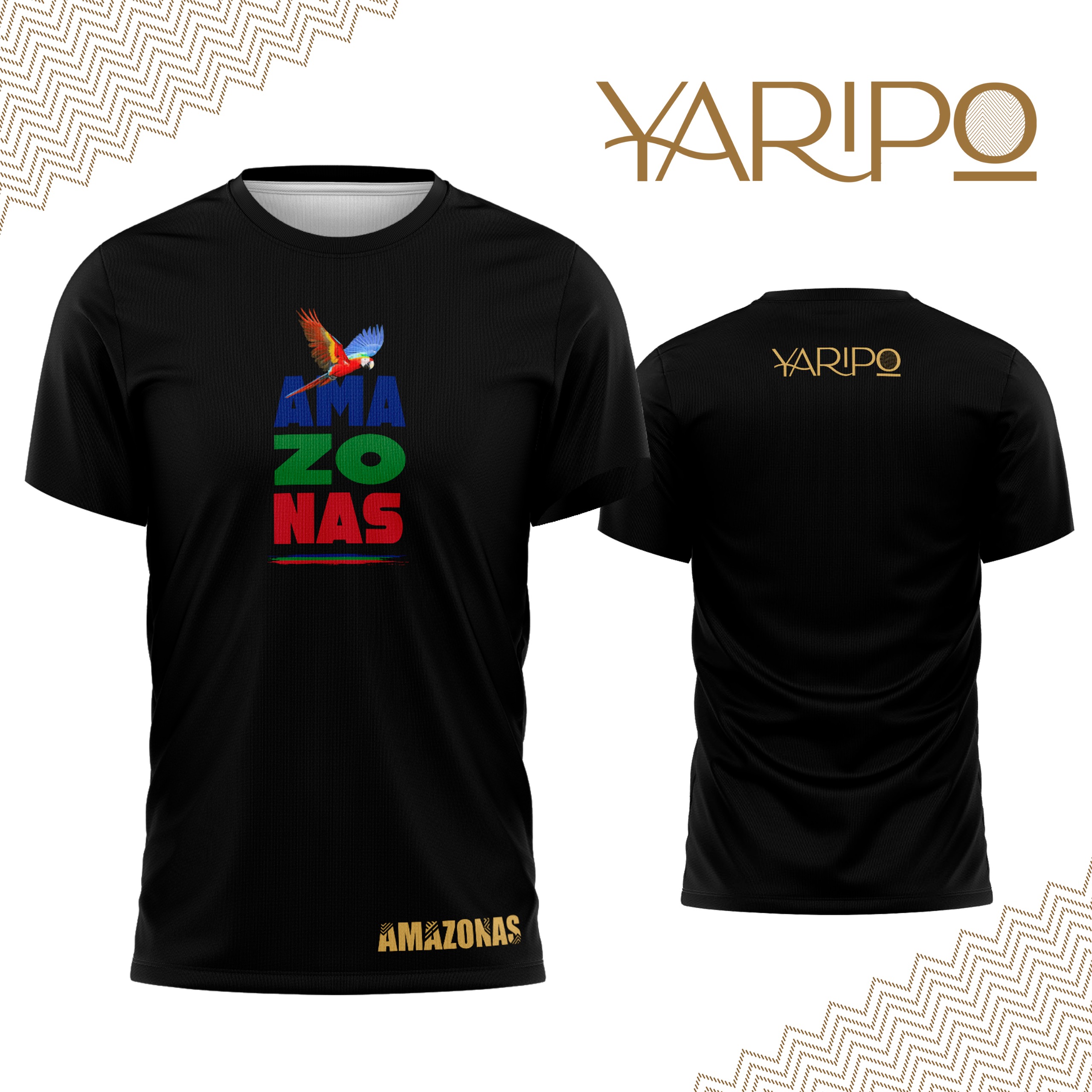 Camiseta negra YARIPÓ con texto Amazonas en colores