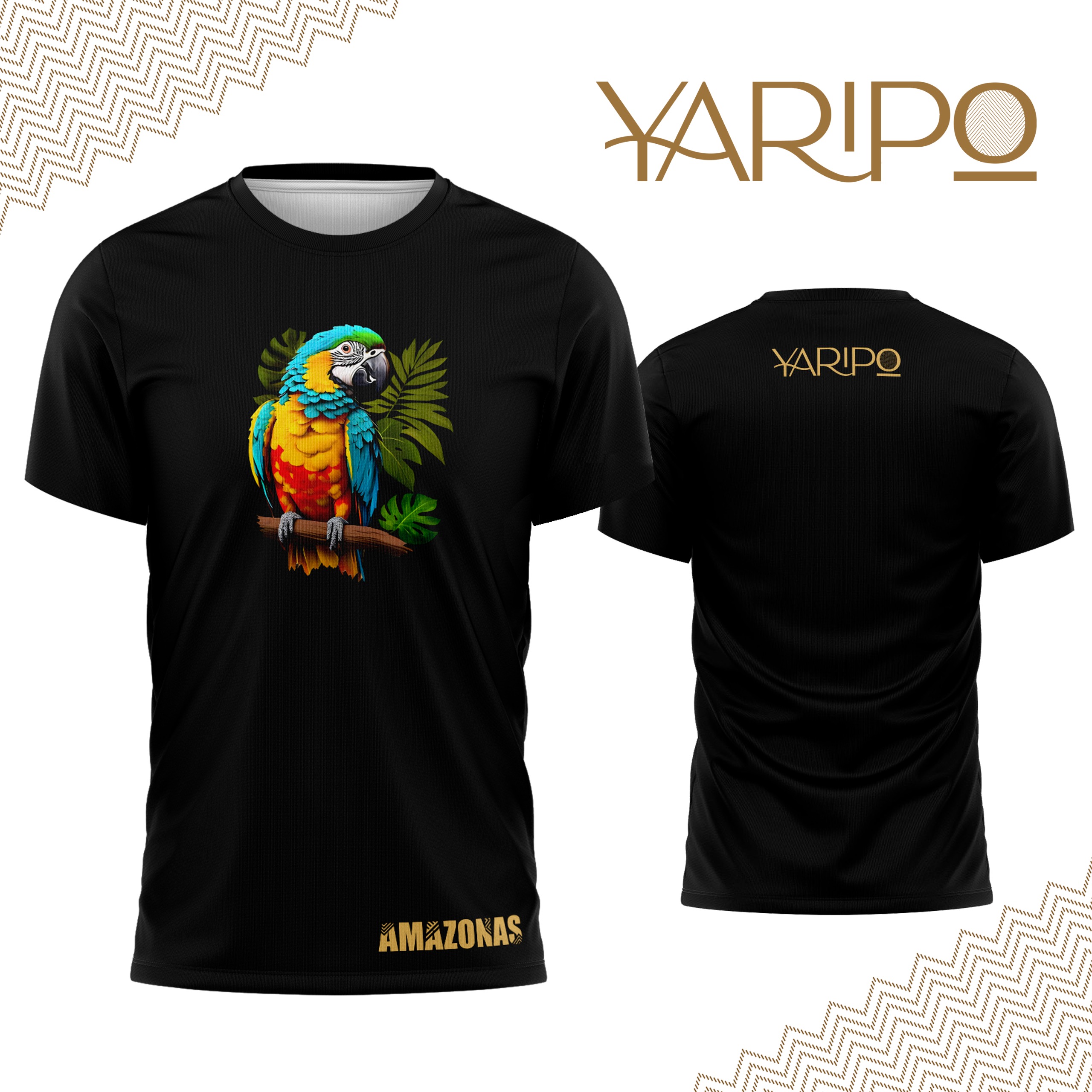 Camiseta negra YARIPÓ con guacamaya sobre hojas verdes