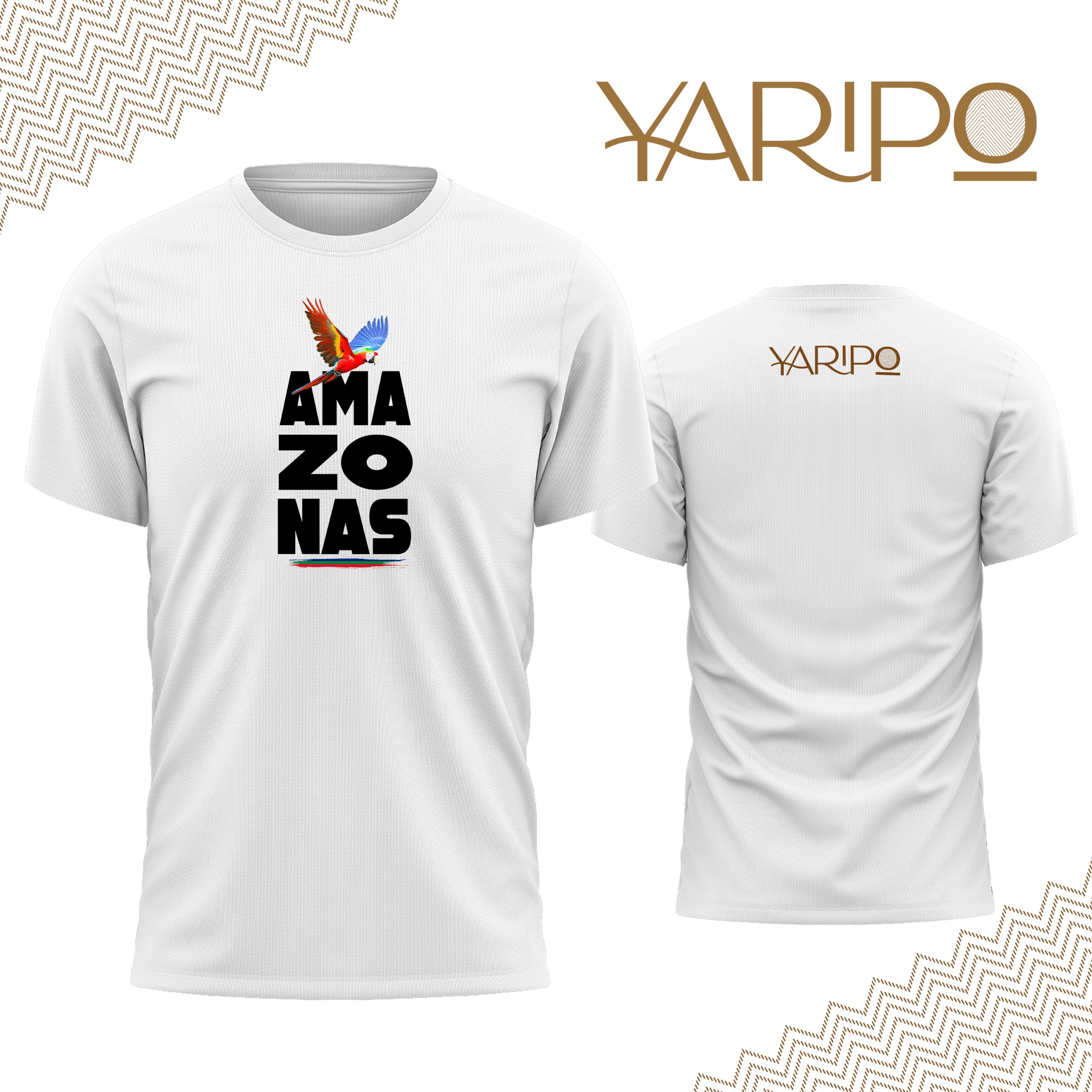 Camiseta blanca YARIPÓ con texto Amazonas y guacamaya
