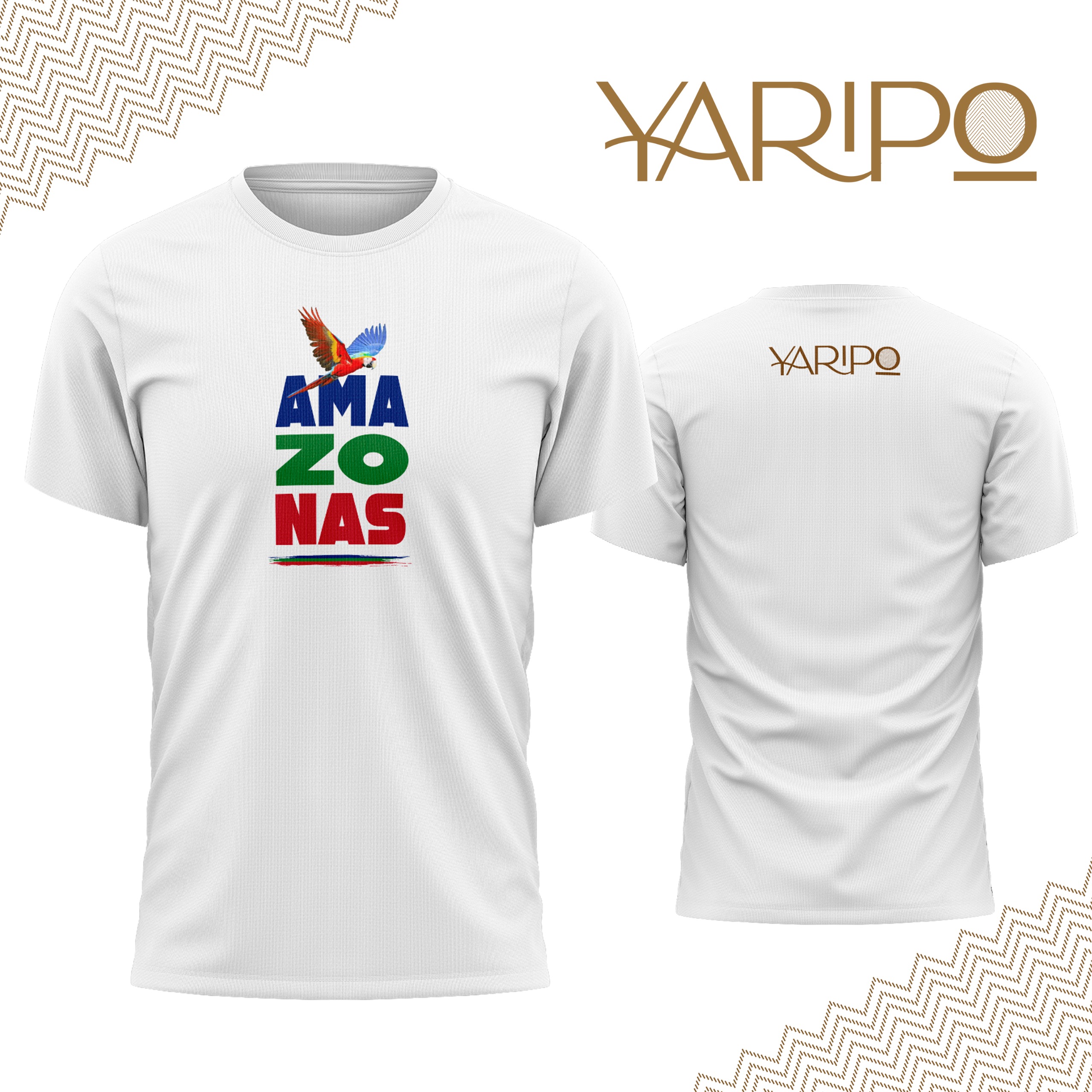 Camiseta blanca YARIPÓ con texto Amazonas tricolor