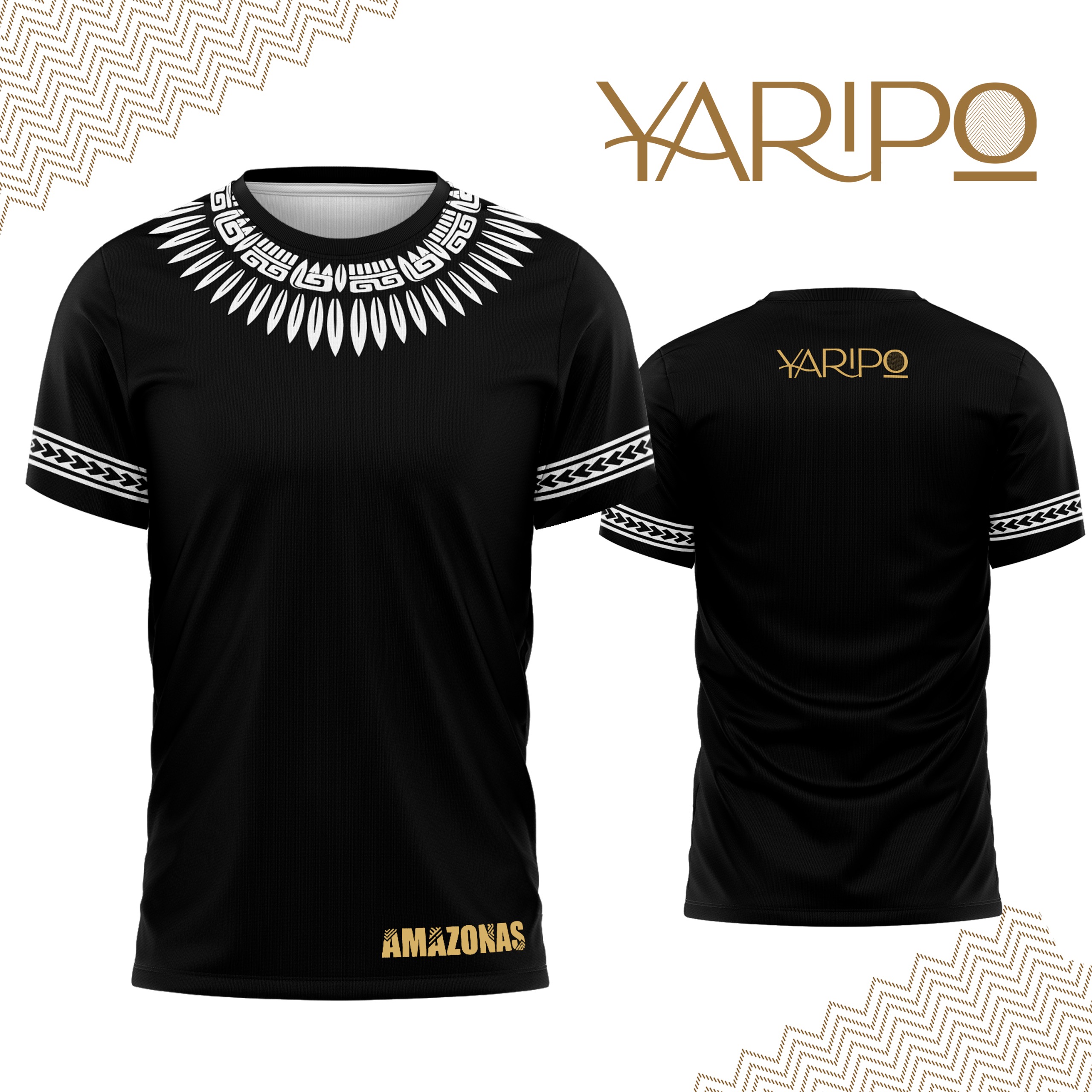 Camiseta negra YARIPÓ con patrón ancestral blanco