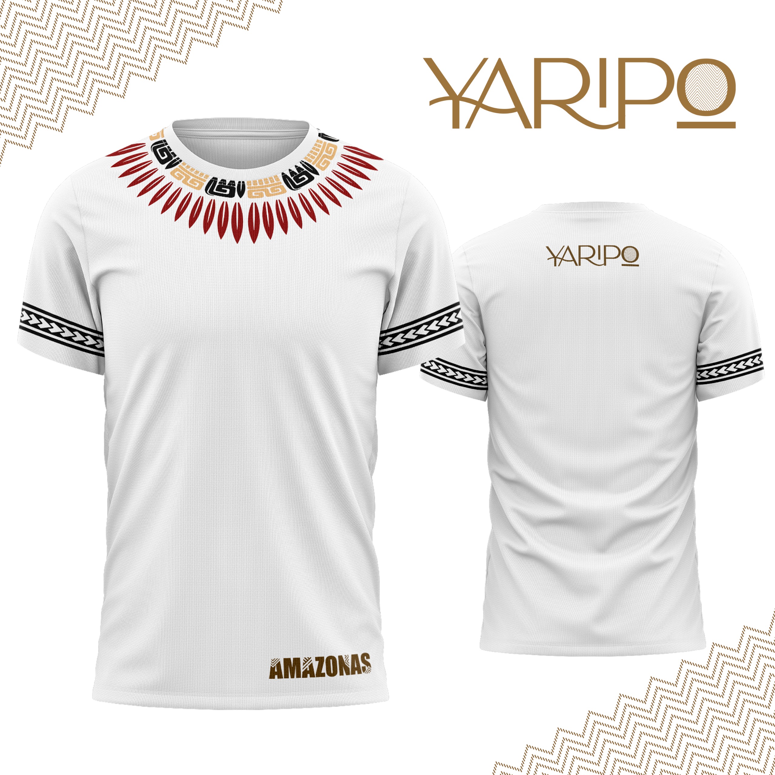 Camiseta blanca YARIPÓ con patrón ancestral rojo y negro