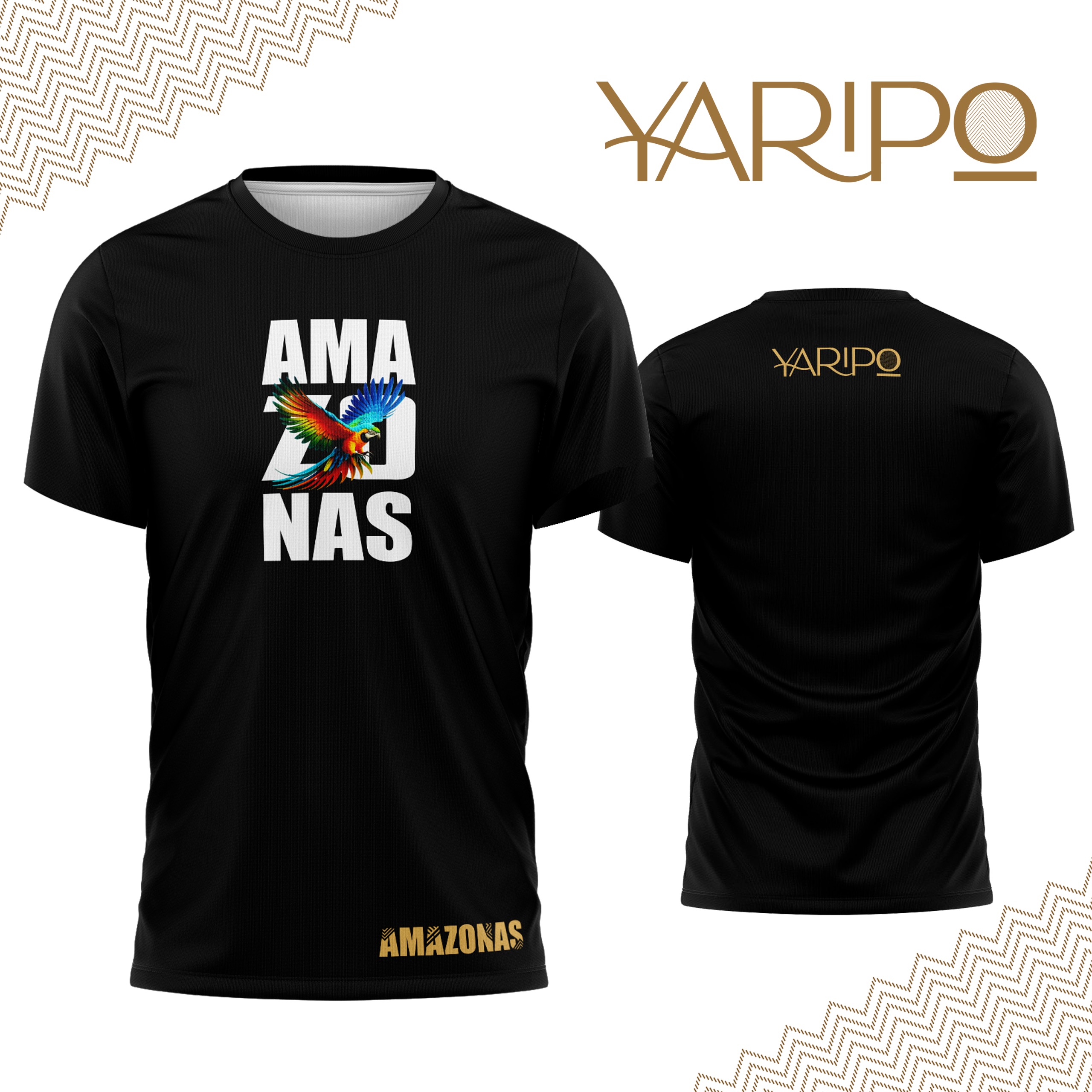 Camiseta negra YARIPÓ con texto Amazonas y guacamaya en vuelo